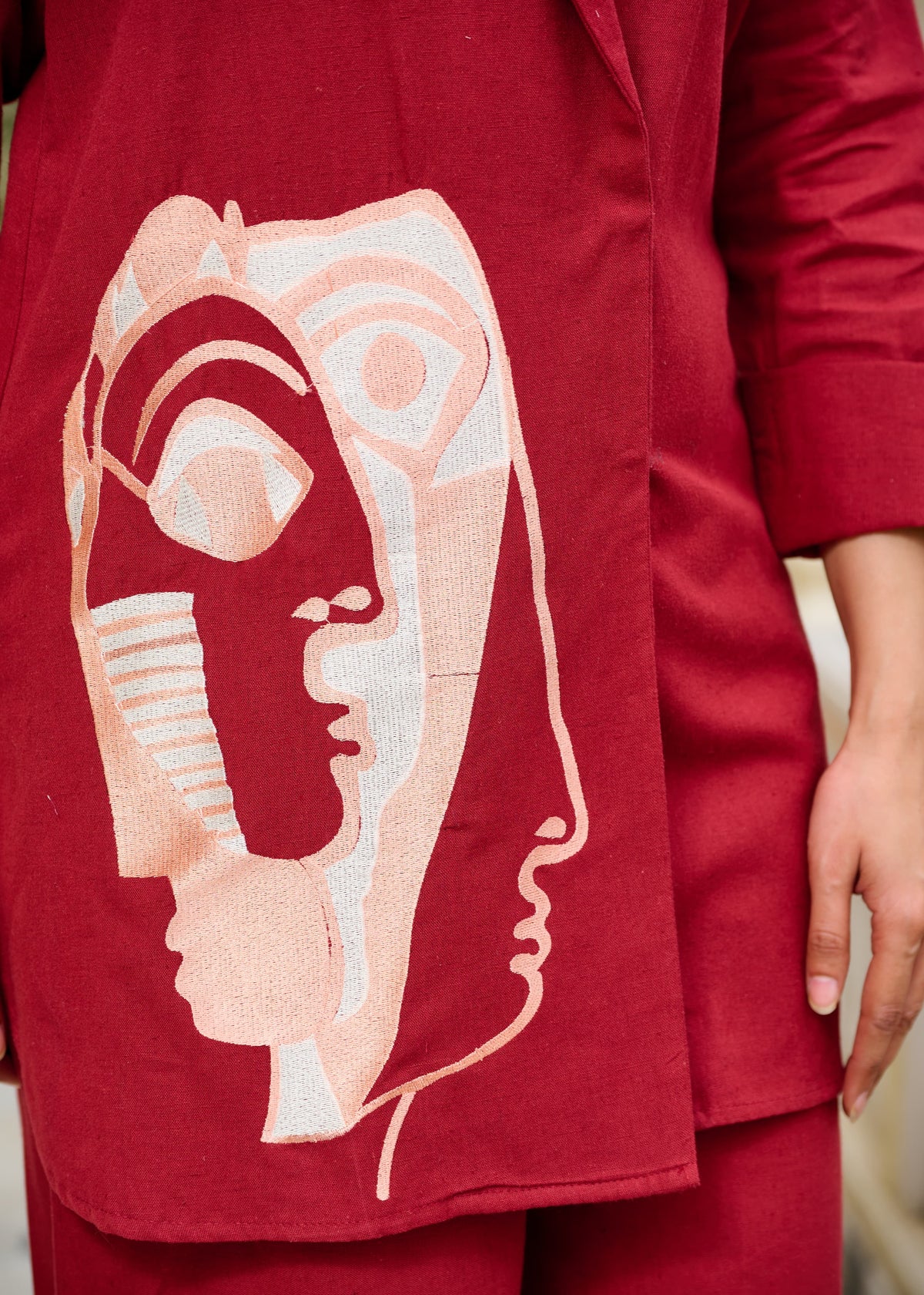 Embroidered jacket with separate inner smart cotton co ord in red