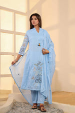 Pure Mul cotton lining embroidered suit set in blue