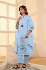 Pure Mul cotton lining embroidered suit set in blue