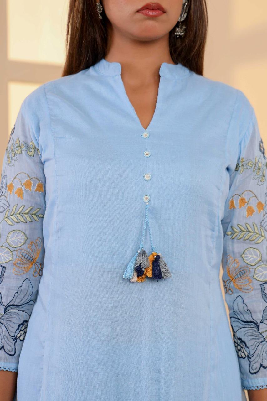 Pure Mul cotton lining embroidered suit set in blue