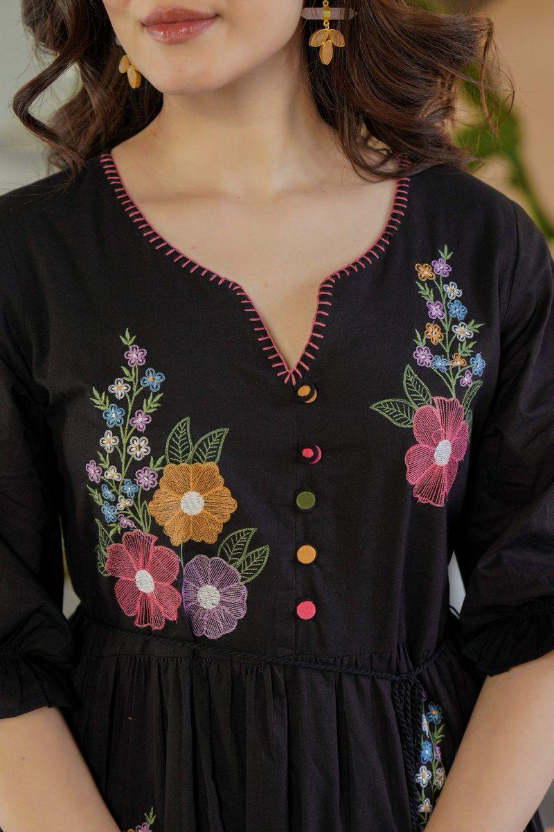 One piece embroidered cotton lining dress in black