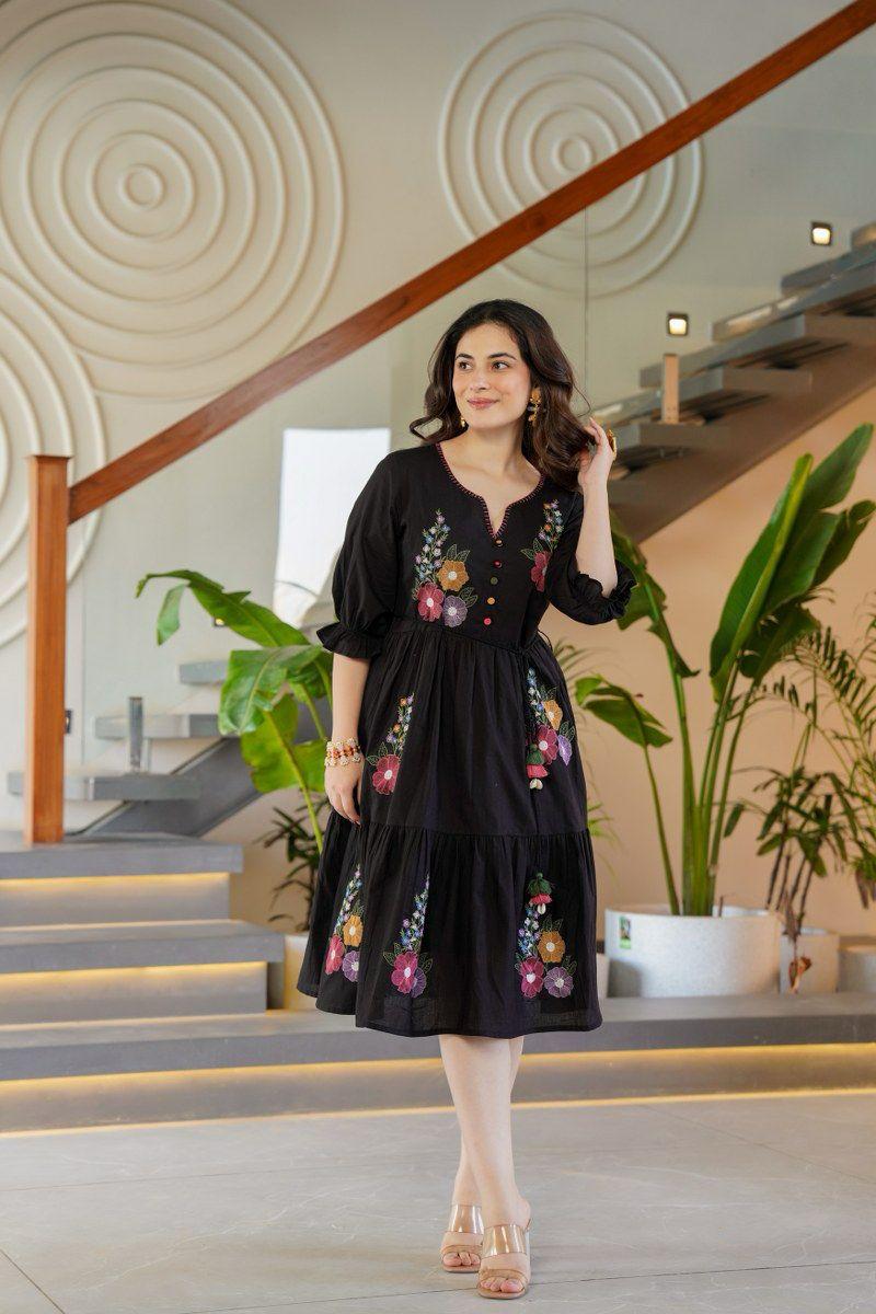 black cotton embroidered dress Embroidered Black Cotton Mini Dress: Indian Folk Art, Flared Sleeves