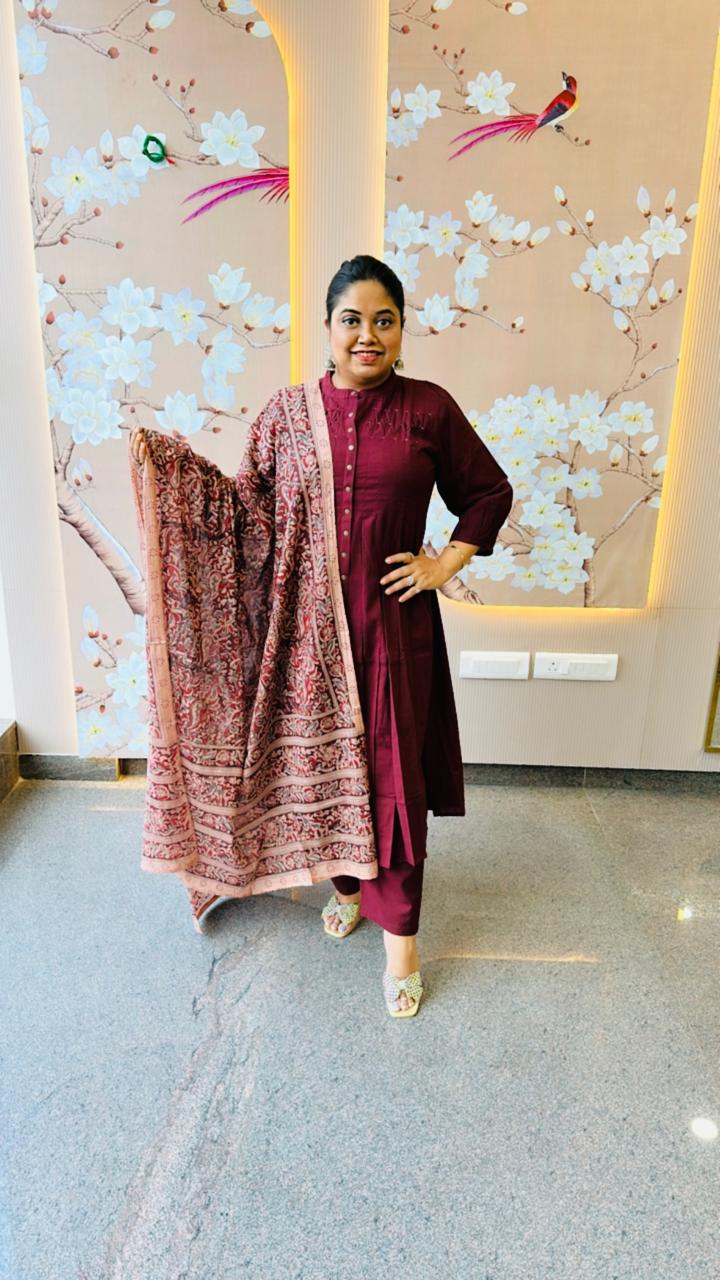 Beautiful pintex yoke detailing suit set paired with kalamkari dupatta