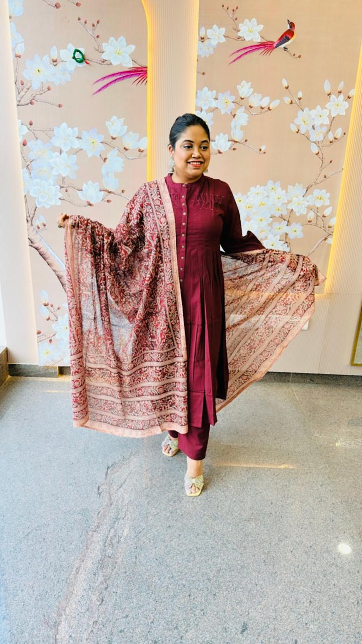 Beautiful pintex yoke detailing suit set paired with kalamkari dupatta