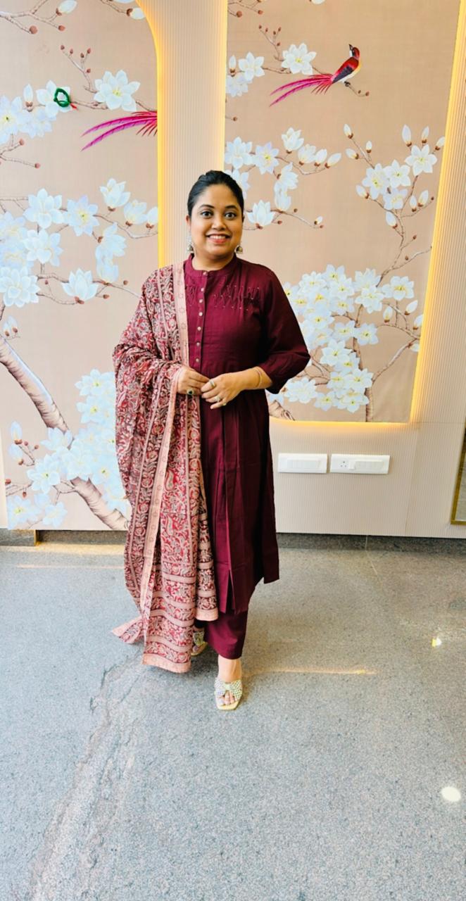 Beautiful pintex yoke detailing suit set paired with kalamkari dupatta