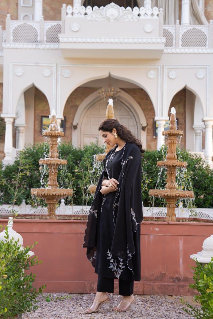 Pure Mul cotton lining embroidered suit set with designer sleeeves