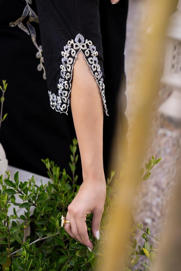 Pure Mul cotton lining embroidered suit set with designer sleeeves