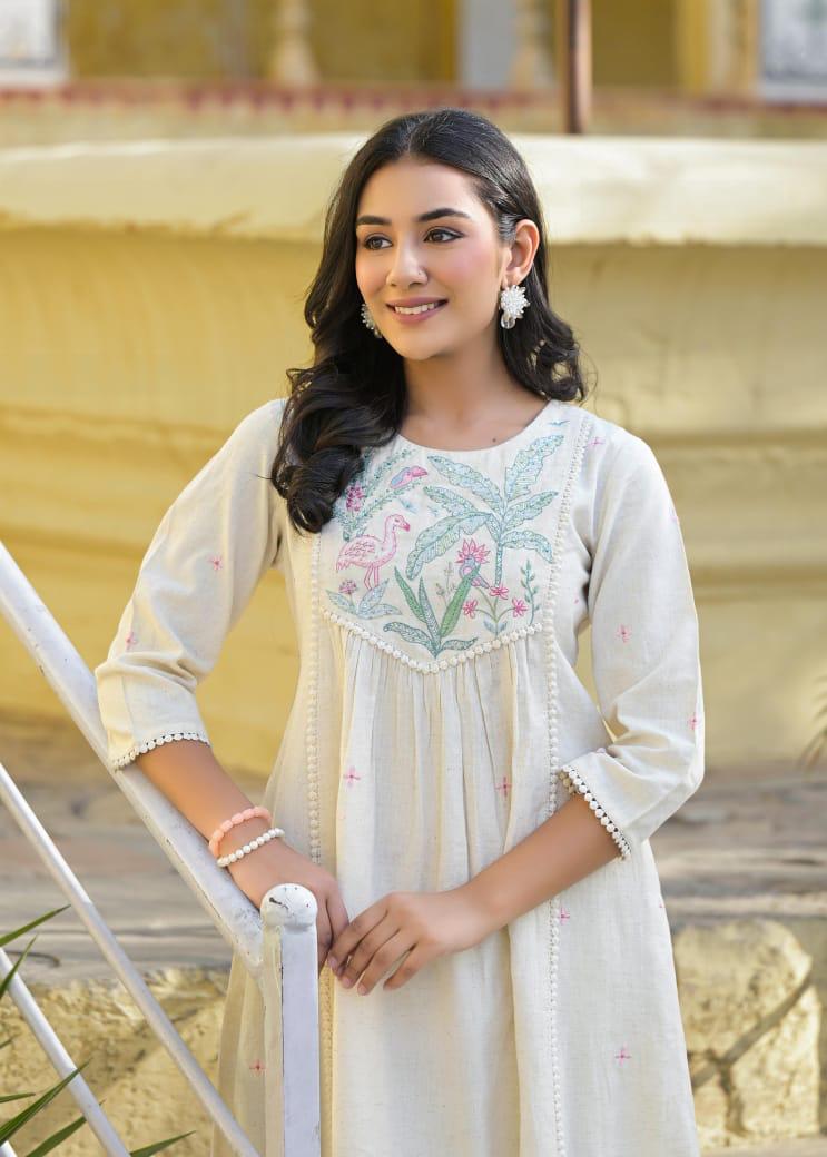 Smart cotton embroidered kurta pant in ivory