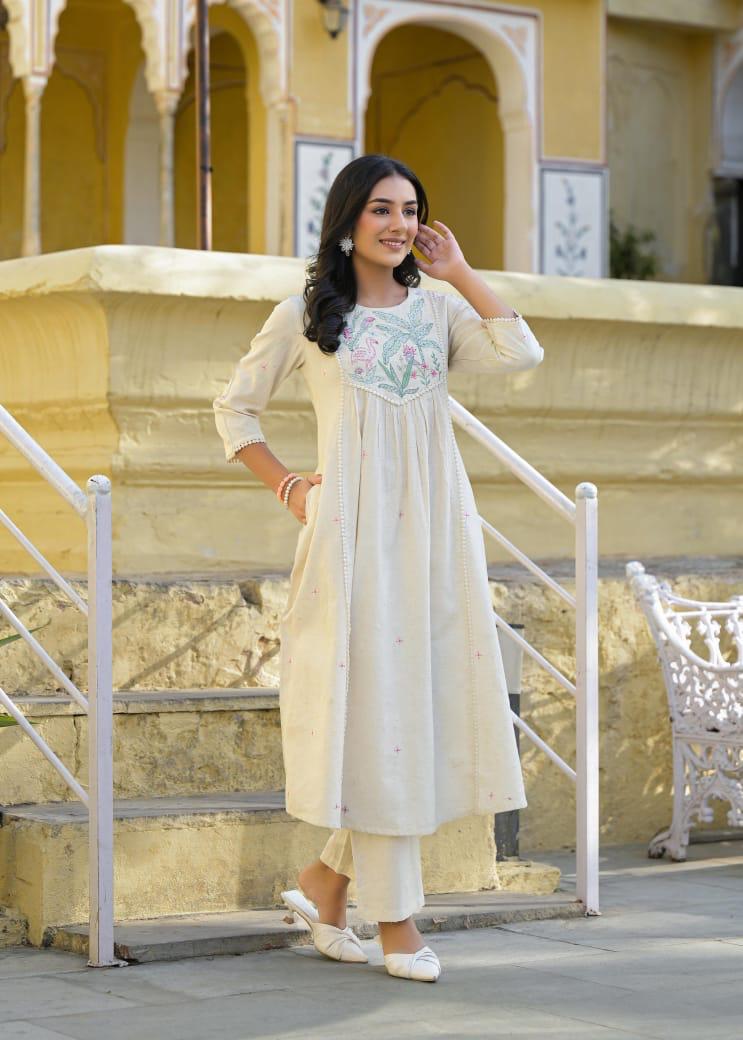 Smart cotton embroidered kurta pant in ivory