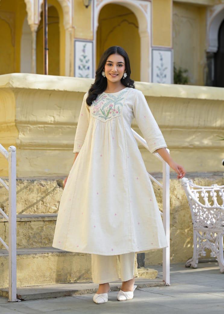 Smart cotton embroidered kurta pant in ivory