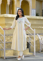 Smart cotton embroidered kurta pant in ivory