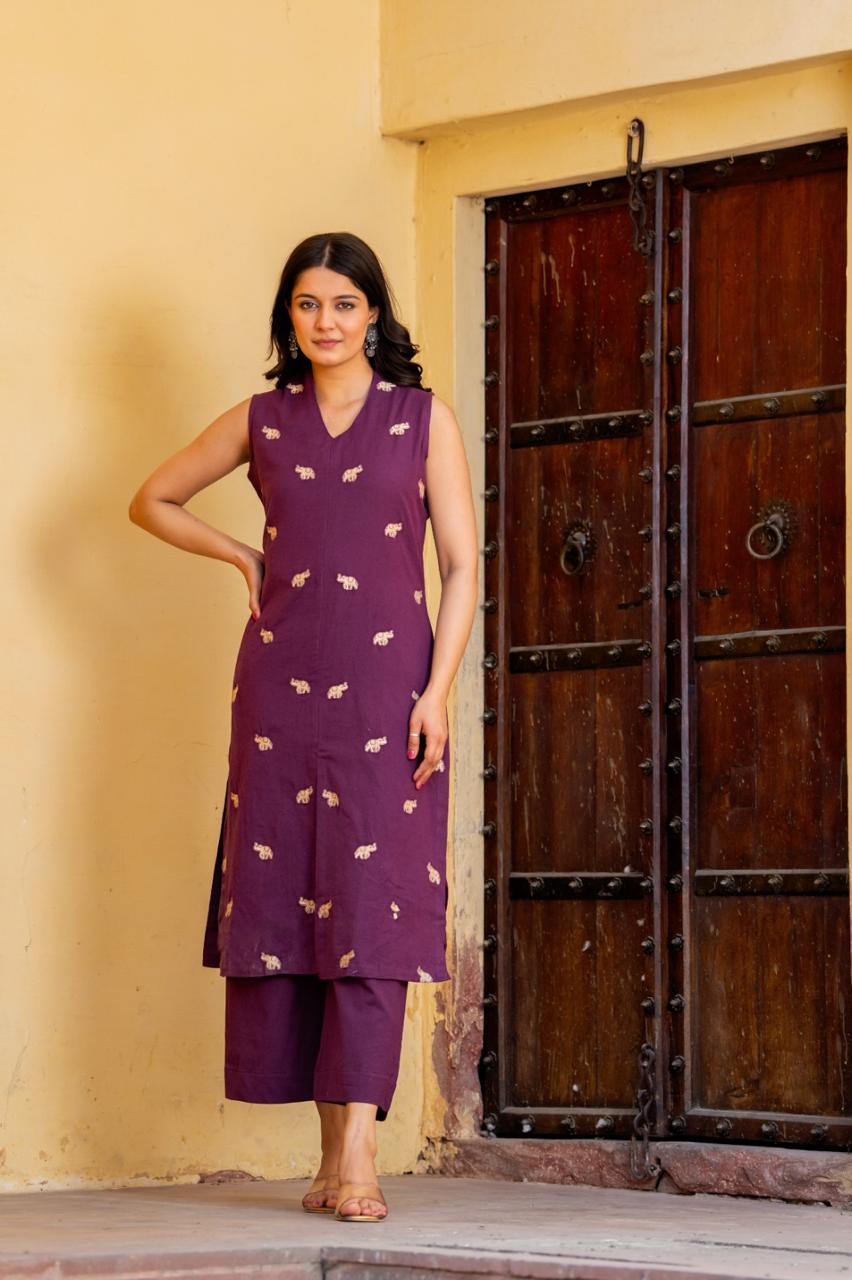 Smart embroidered cotton (extra sleeves ) co ord setin Purple