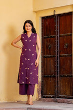 Smart embroidered cotton (extra sleeves ) co ord setin Purple