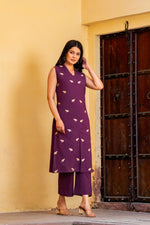 Smart embroidered cotton (extra sleeves ) co ord setin Purple