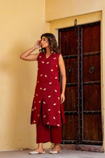 Smart embroidered cotton (extra sleeves ) co ord set in red