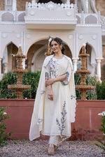 Pure Mul cotton lining embroidered suit set with designer sleeeves in white