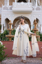 Pure Mul cotton lining embroidered suit set with designer sleeeves in white