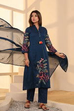 Pure Mul cotton lining embroidered suit set in blue