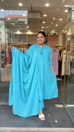 Pure Mul cotton embroidered lining suit set in blue