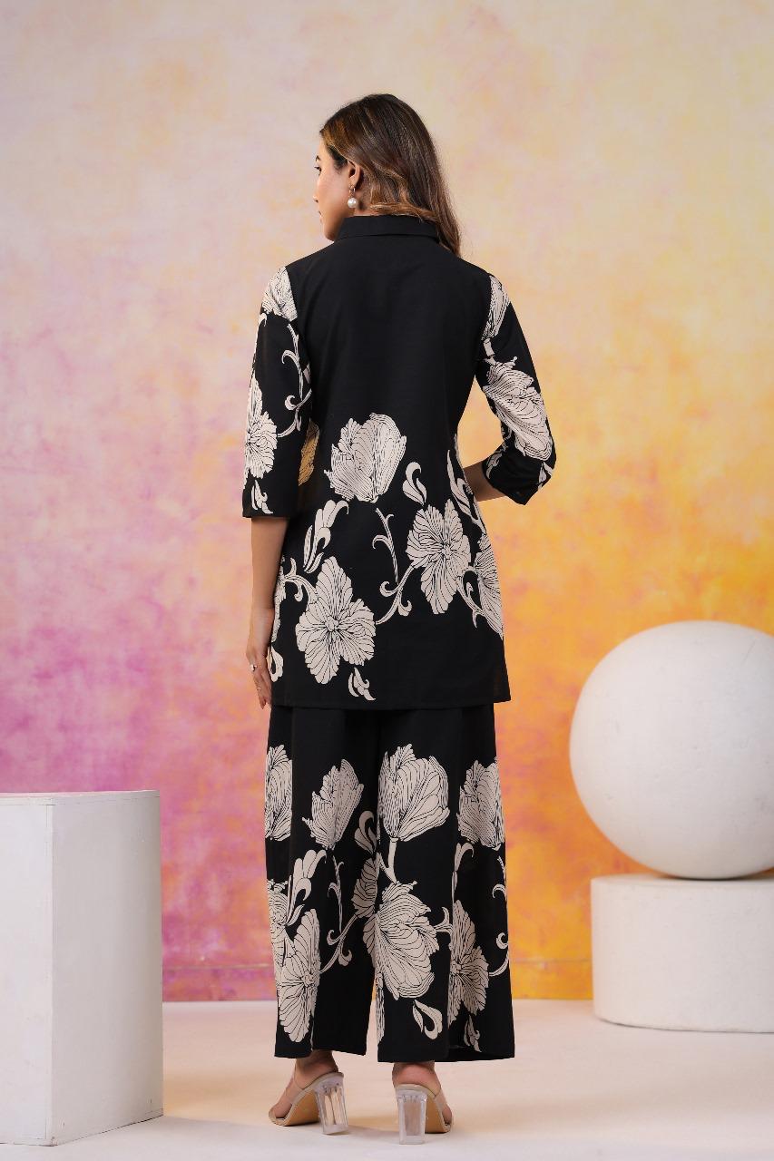 Pure cotton digital printed co ord set in black