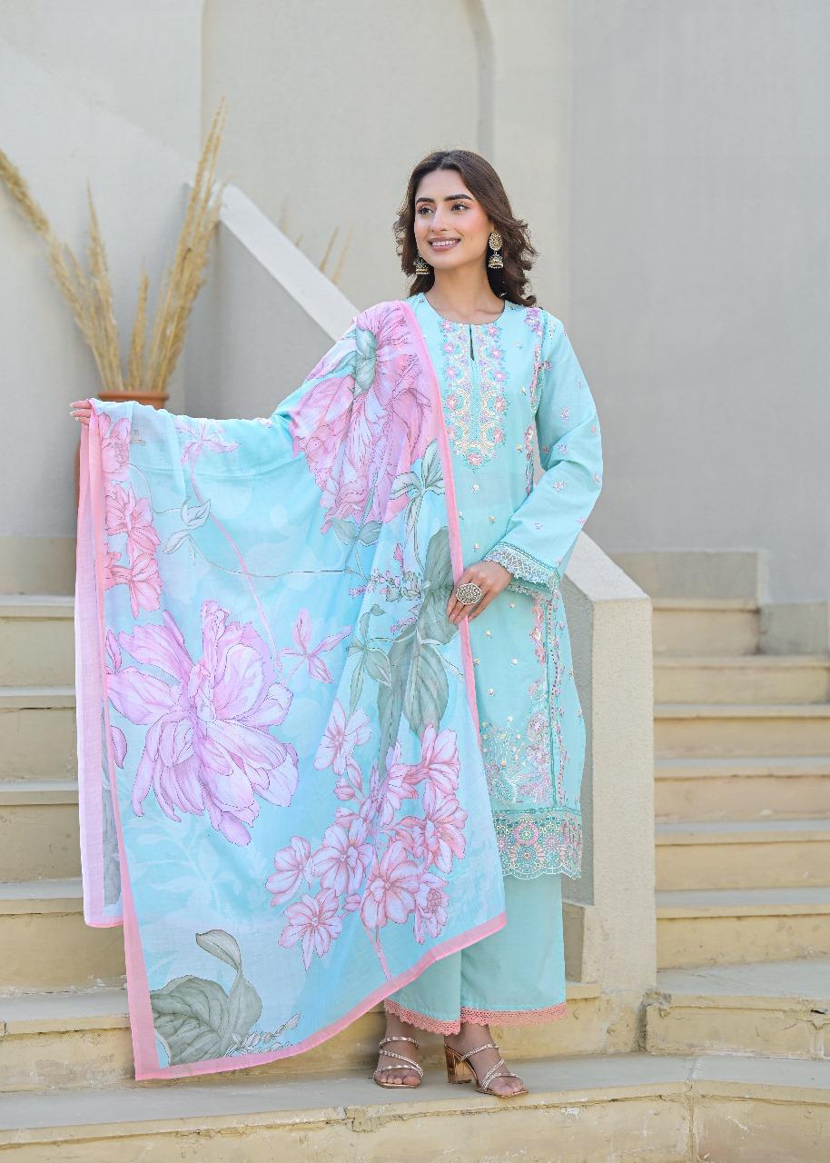 Super gorgeous cotton Pakistani pattern embroidered suit set half lining! Super soft dupatta