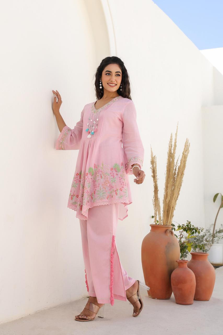 Premium pure Mul cotton embroidered lining co ord in pink ! (For pants pls refer video on fb n YouTube )