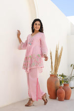 Premium pure Mul cotton embroidered lining co ord in pink ! (For pants pls refer video on fb n YouTube )