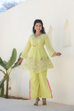 Premium pure Mul cotton embroidered lining co ord in yellow ! (For pants pls refer video on fb n YouTube )