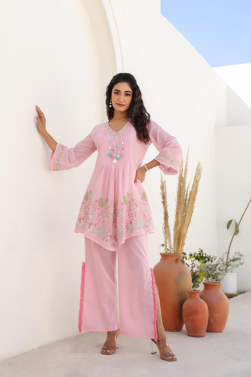 Premium pure Mul cotton embroidered lining co ord in pink ! (For pants pls refer video on fb n YouTube )