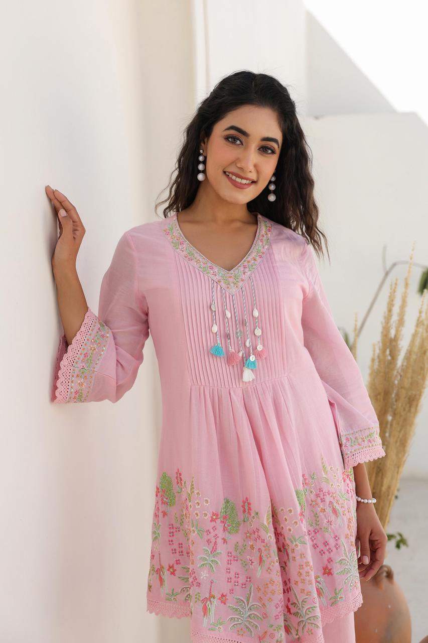 Premium pure Mul cotton embroidered lining co ord in pink ! (For pants pls refer video on fb n YouTube )