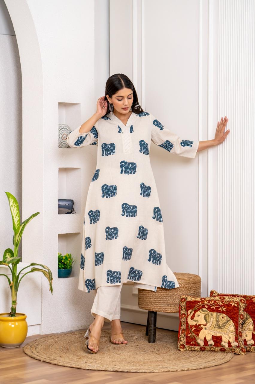 V neck kurta pant in blue