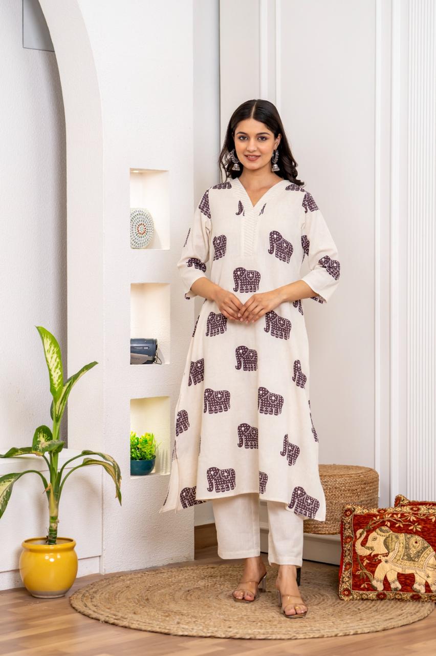 V neck kurta pant in brown