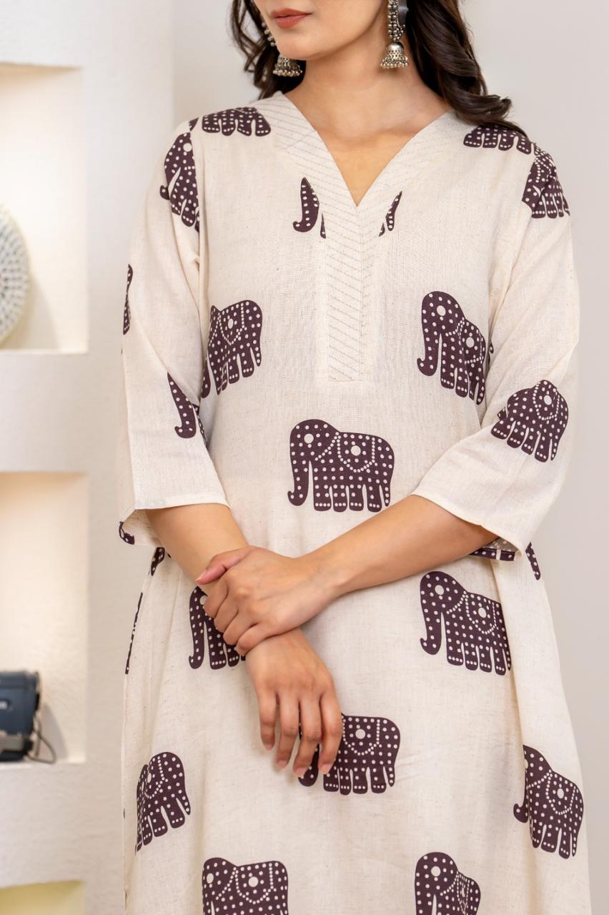 V neck kurta pant in brown