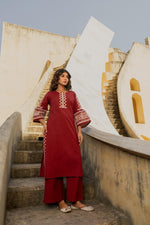 Smart embroidered culottes kurta pant in red