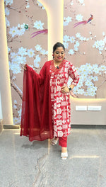 Must buy red colour pure cotton suit set with pretty yoke