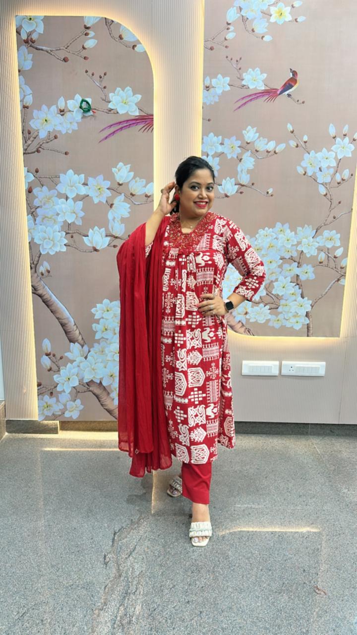 Must buy red colour pure cotton suit set with pretty yoke