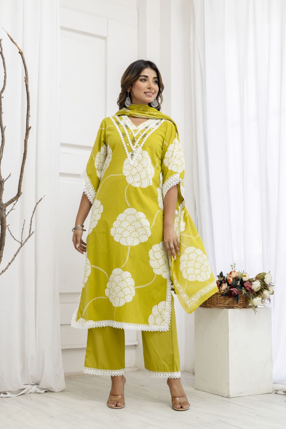 Stylish super elegant cotton suit set with lace detailing