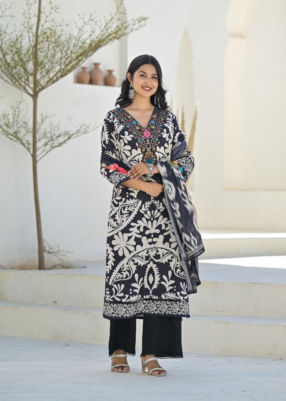 Linen cotton v neck suit set paired with multi colour dupatta