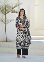 Linen cotton v neck suit set paired with multi colour dupatta