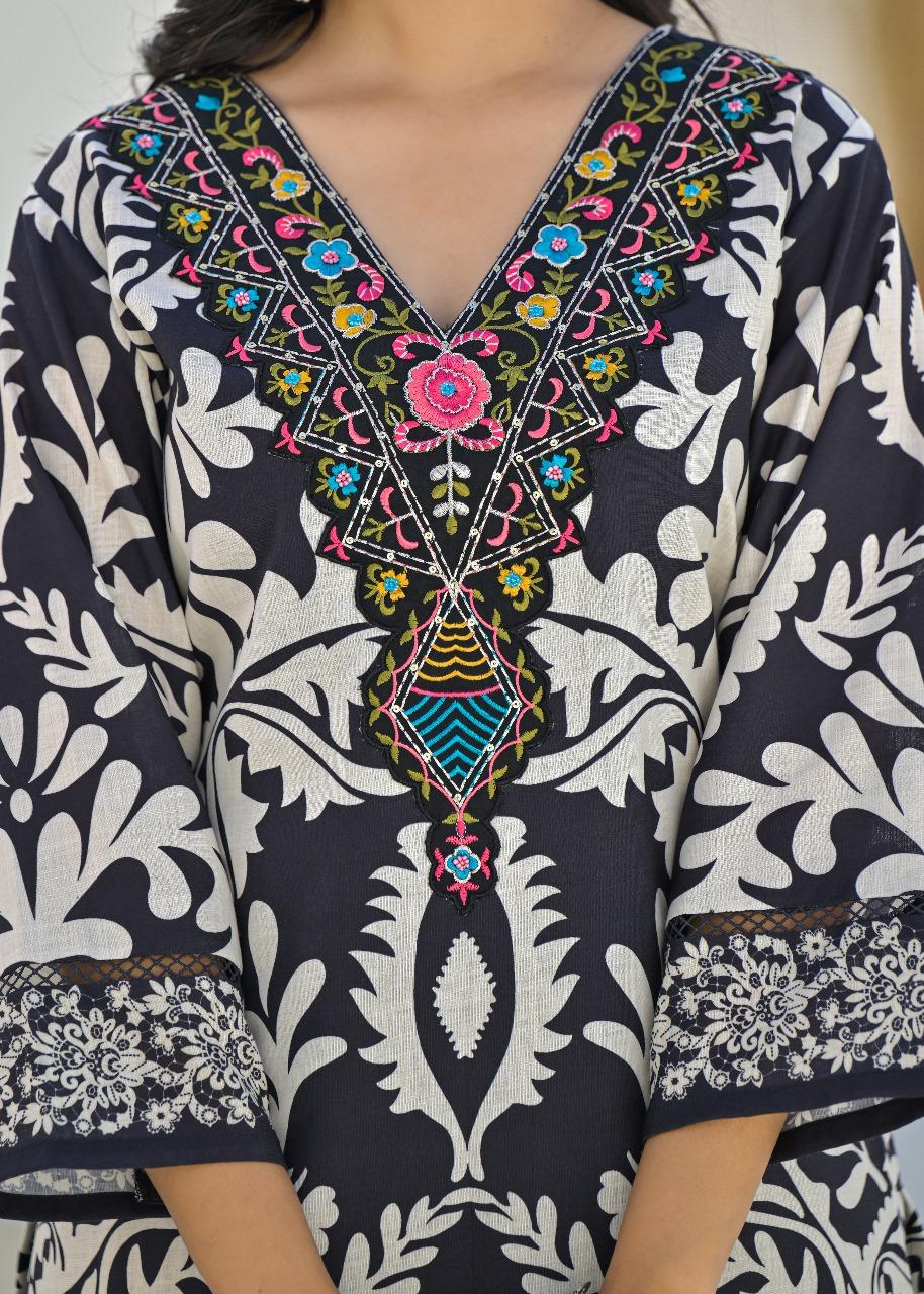 Linen cotton v neck suit set paired with multi colour dupatta