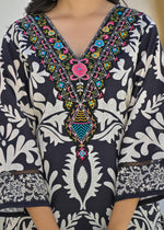 Linen cotton v neck suit set paired with multi colour dupatta