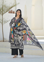 Linen cotton v neck suit set paired with multi colour dupatta