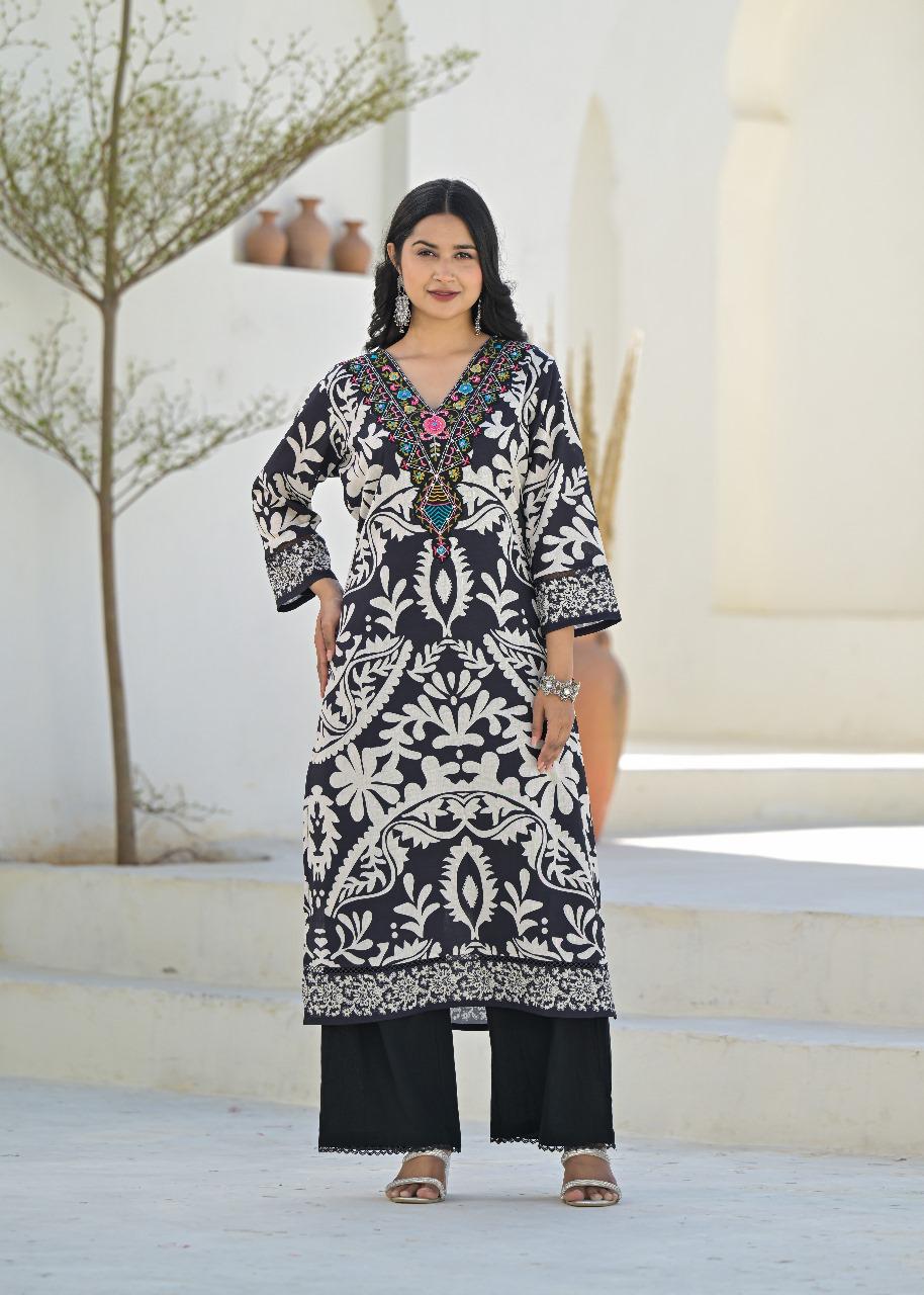 Linen cotton v neck suit set paired with multi colour dupatta