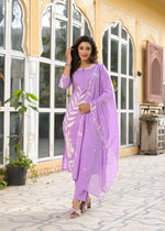 Super premium cotton embroidered suit set in purple