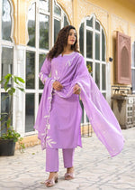 Super premium cotton embroidered suit set in purple