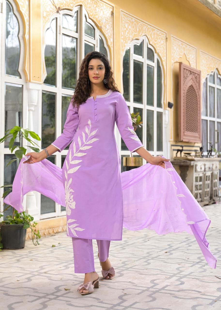Super premium cotton embroidered suit set in purple