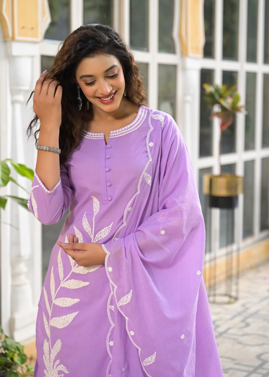 Super premium cotton embroidered suit set in purple