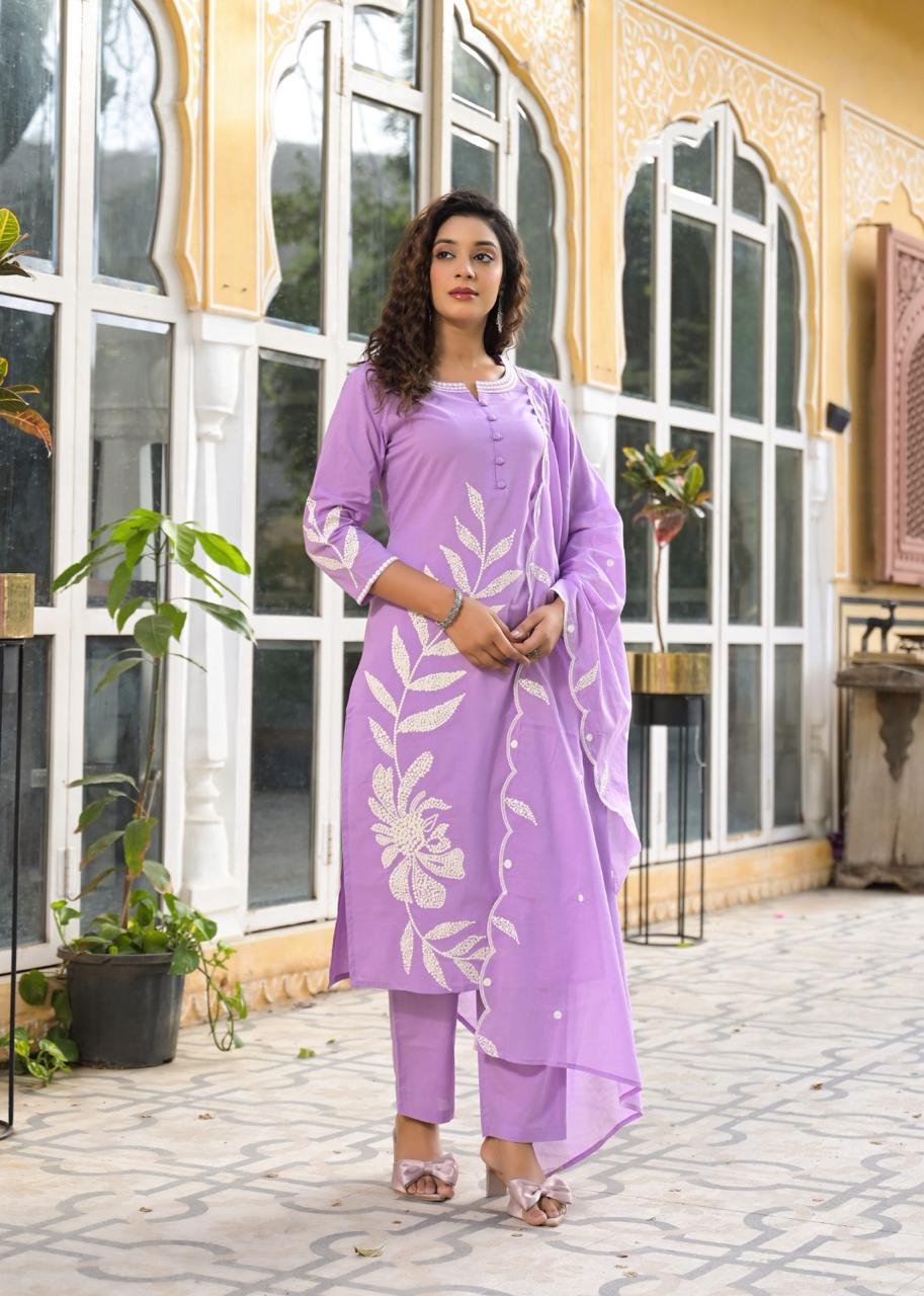 Super premium cotton embroidered suit set in purple