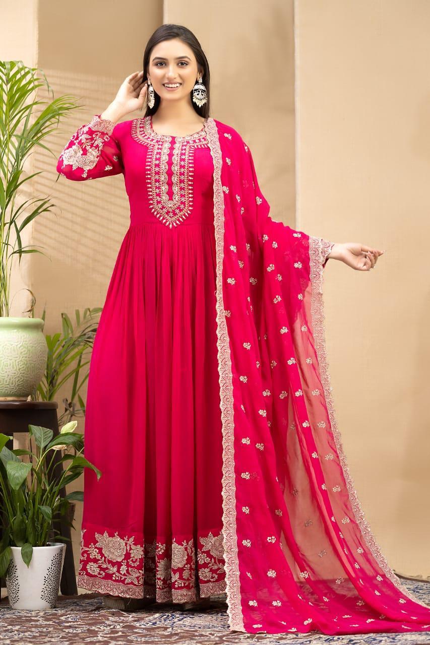 Pretty georgette embroidered suit set in pink