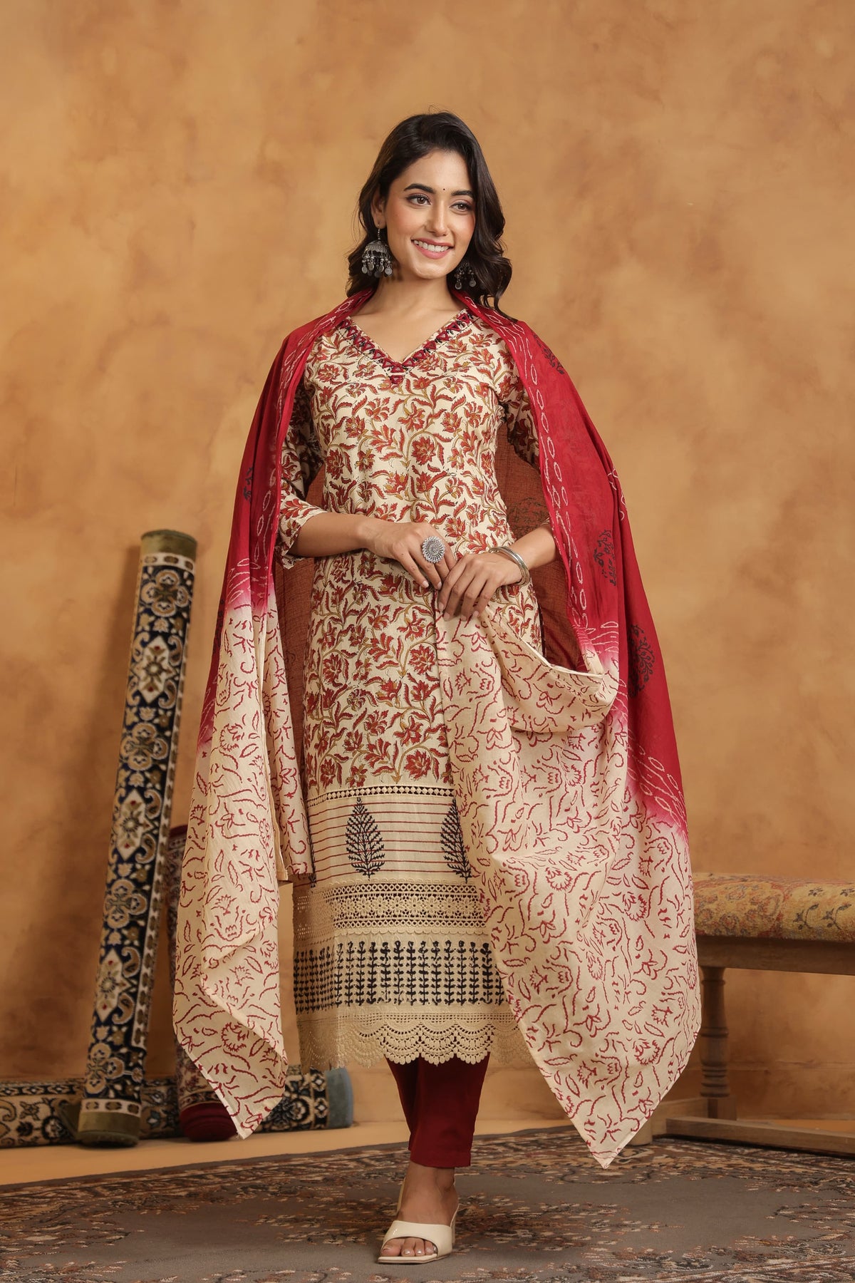 Pure cotton bagru print with lace detailing suit set